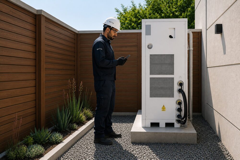 Un technicien Battia lors de la mise en service, dans un jardin résidentiel