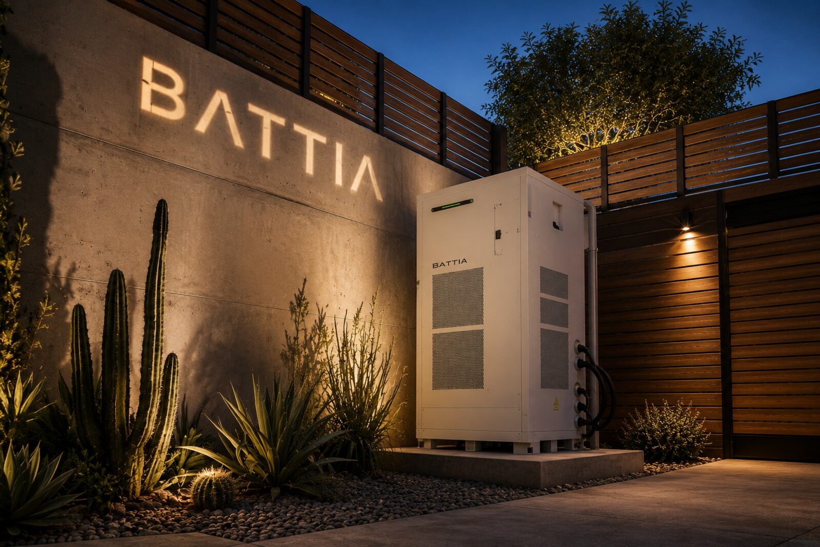 Batterie Battia installée dans un jardin paysager, éclairée de nuit